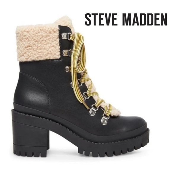 Steve Madden Bundle Up Leather Shearling Lace-Up Boots - Picture 1 of 16